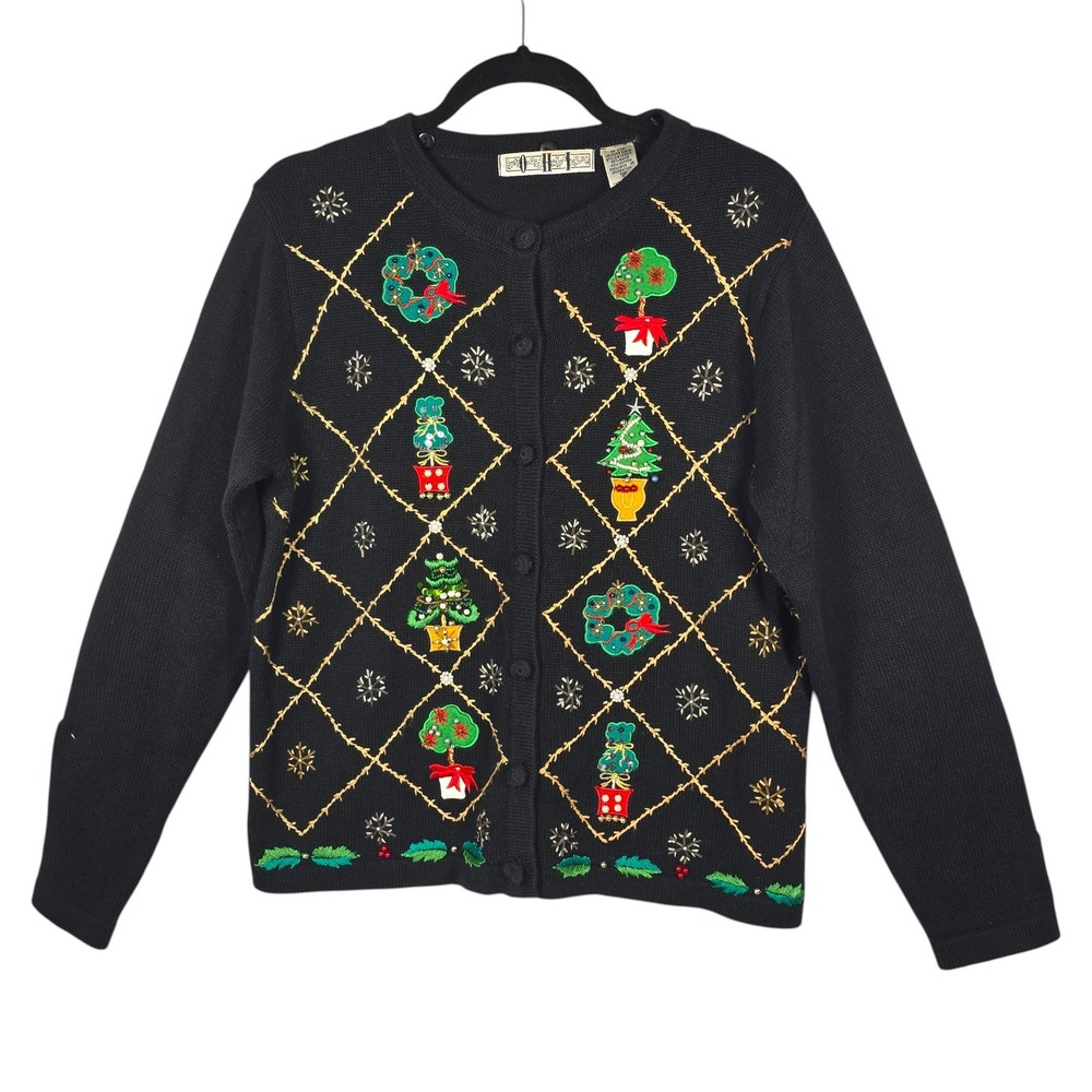 OHI Vintage Christmas Cardigan Sweater Women Small Black Embroidered Beaded Tree